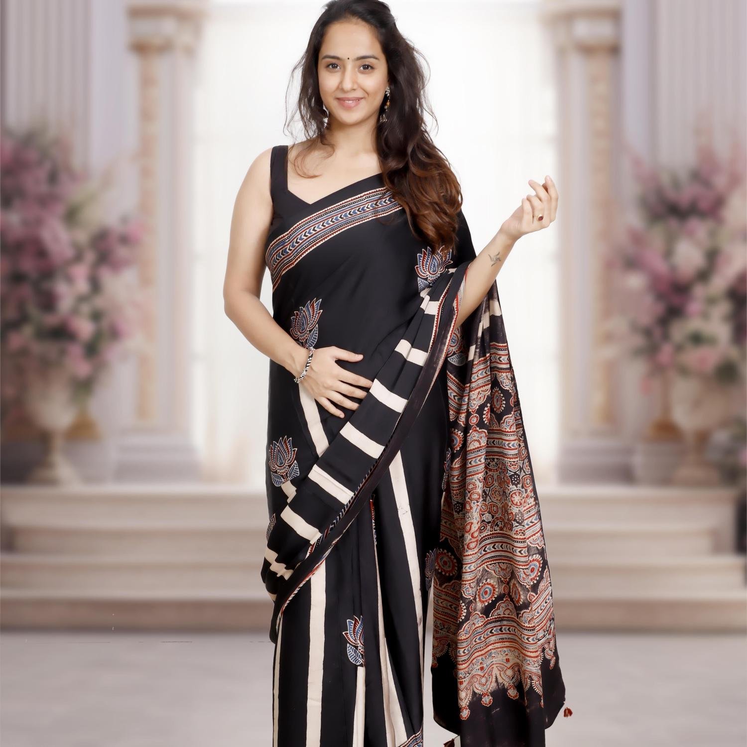 Ajrakh Modal Silk Saree (Black) with Hand Made Tassels