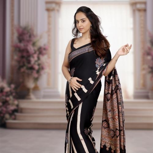Ajrakh Modal Silk Saree (Black) with Hand Made Tassels