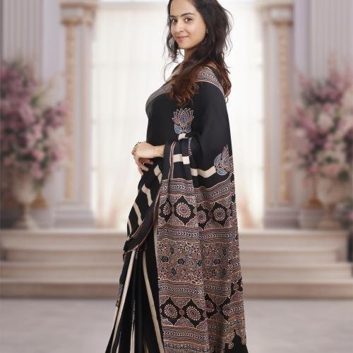 Ajrakh Modal Silk Saree (Black) with Hand Made Tassels