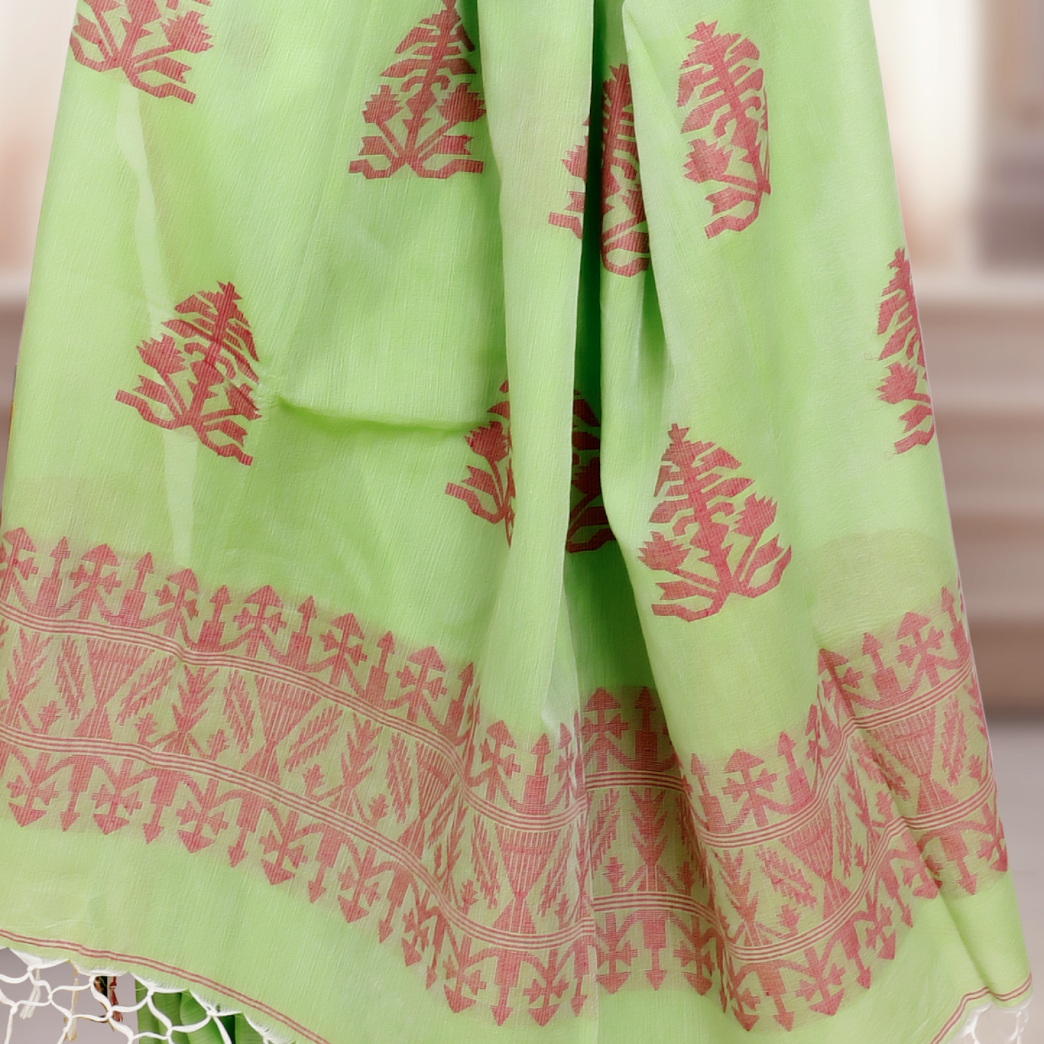 Handwoven Pure Bengal Cotton Saree with Jacquard Pallu – Pista Green