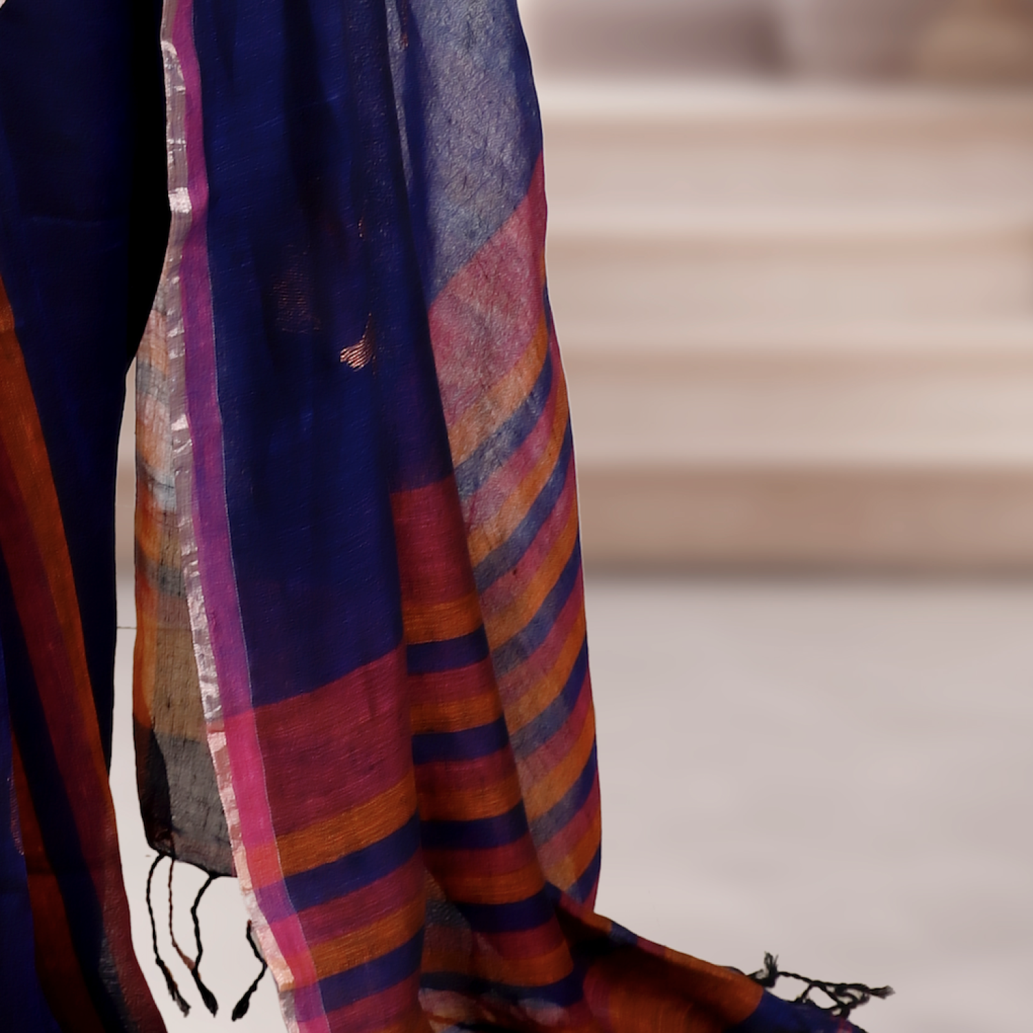 Pure Bengal Handwoven Linen Saree – Dark Bluewith Pink & Orange Stripes