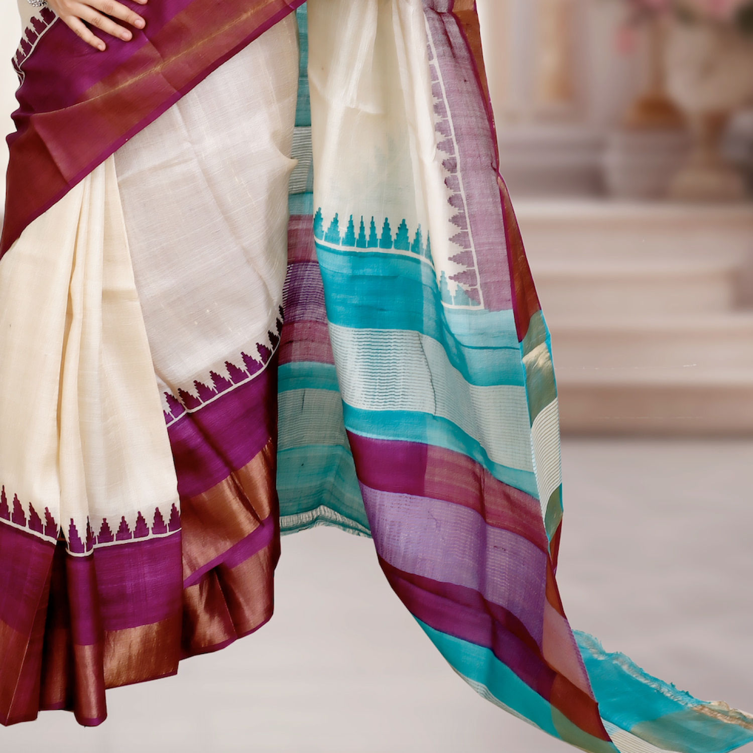 Bishnupuri Gachi Tusser Silk Saree with Hand-Block Design – Off white, Teal & Purple