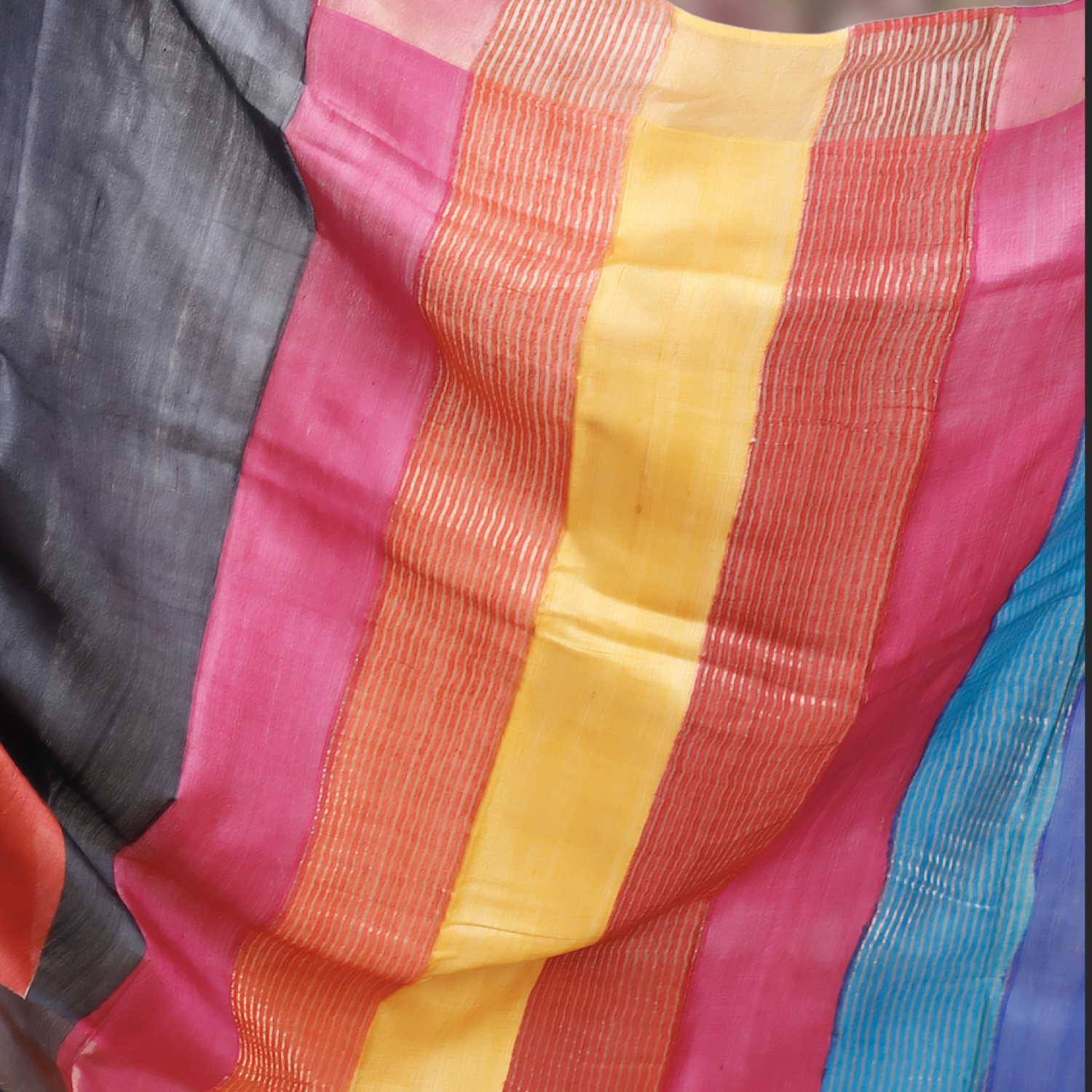 Bishnupuri Gachi Tusser Silk Saree with Hand-Block Design–Multicolour Pallu