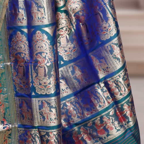 Swarnachari Silk Saree with 1000 Buti – Dual Tone Blue & Green