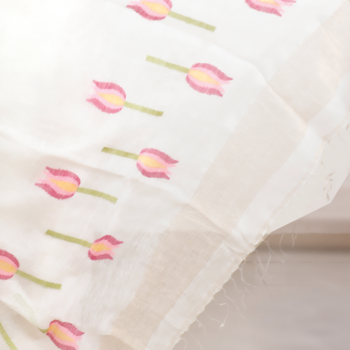 Silk Linen Jamdani Saree with Gold Zari Border – White