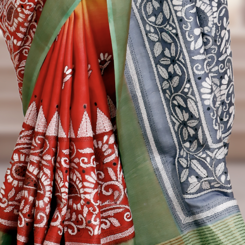 Pure Tussar Silk Saree Dyed Multicolour with Kantha Stitch