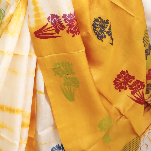 Handwoven Tusser Shrivori Jamdani Saree – Yellow & White