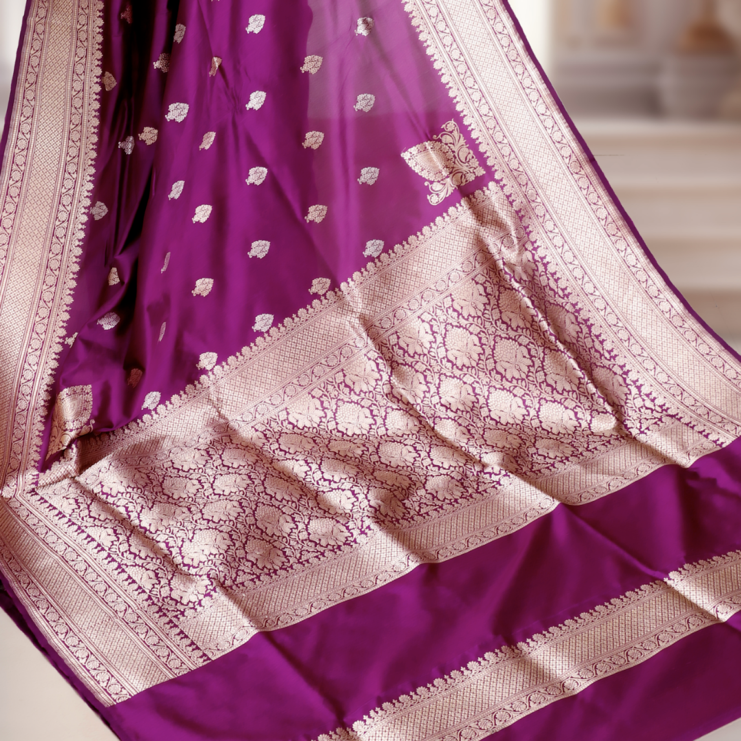 Deep Purple Katan Mulberry Silk Saree with Gold & Silver Kadwa Weaving
