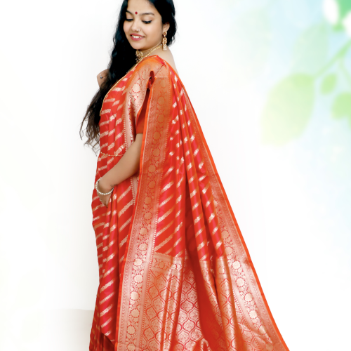 Banarasi Katan by Katan Silk Saree with Leheria – Dual Tone Dark Pink & Orange