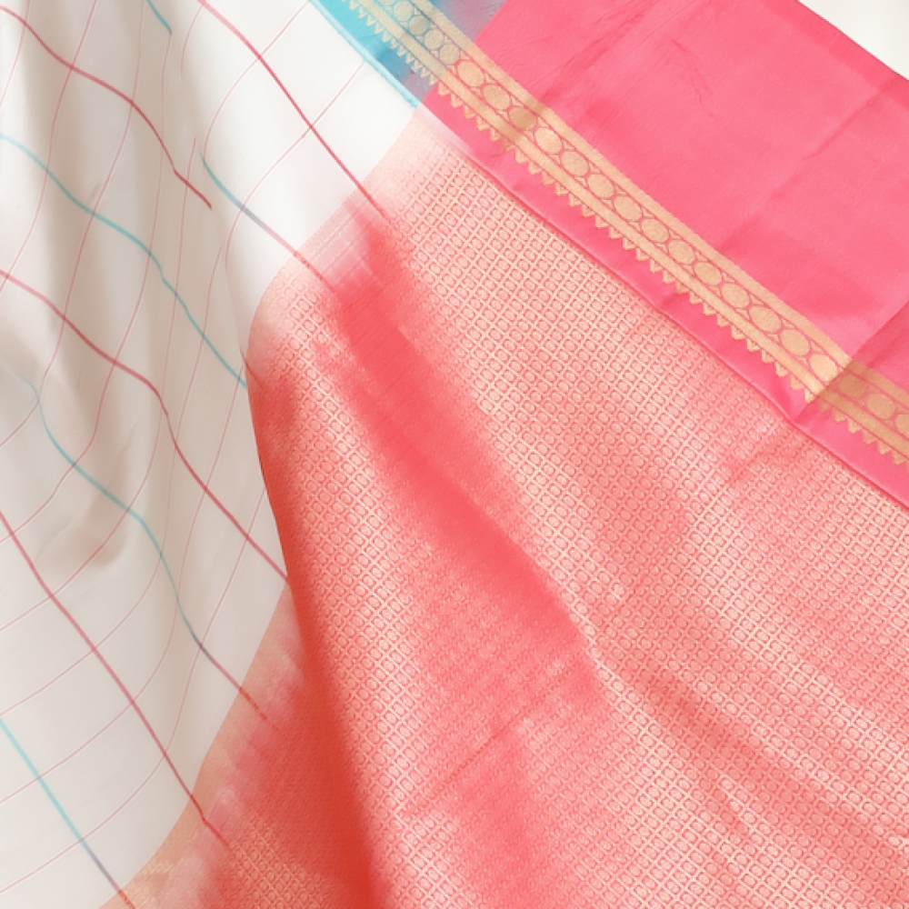 Handwoven Kanchipuram Silk Saree – White with Light Blue & Pink Checks