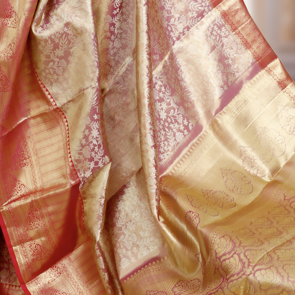 Brocade Pure Kanchipuram Mulberry Silk Saree – Dual Tone Gold & Pink Price: Rs 16995