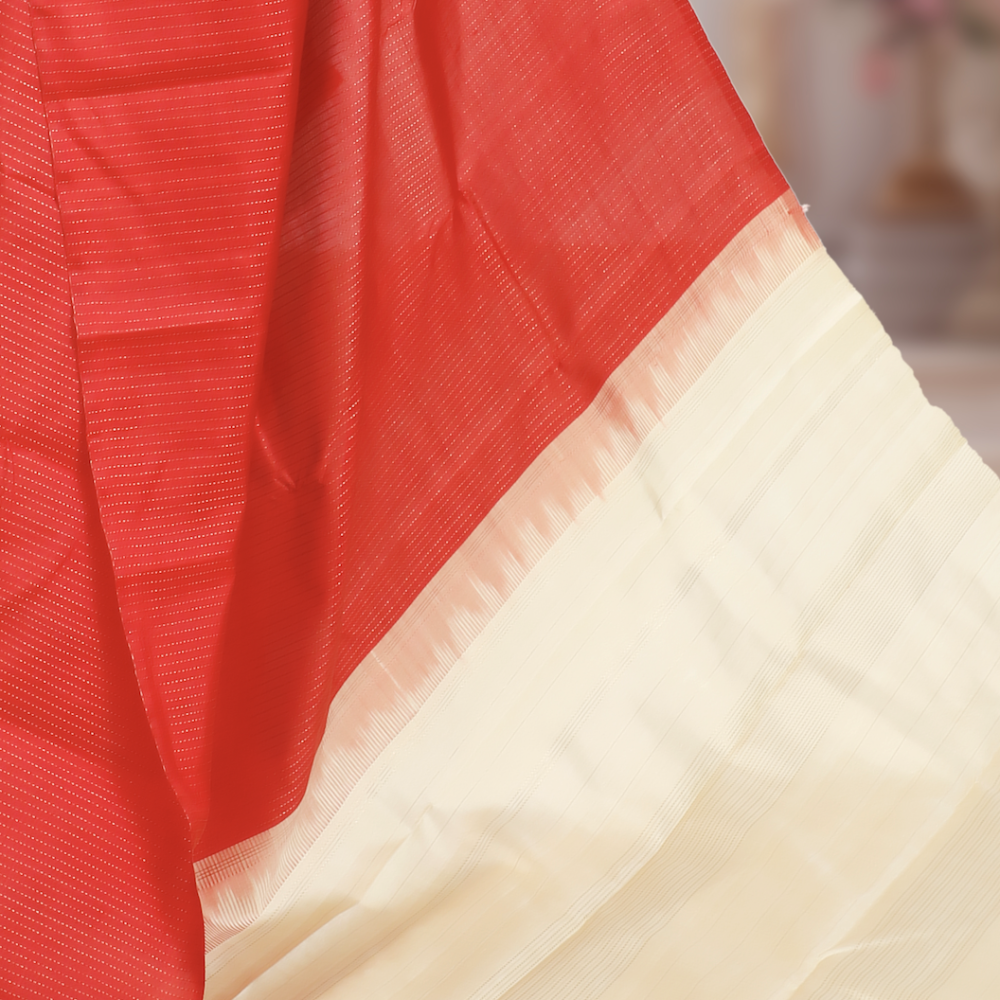 Handwoven Red & Beige Pure Zari Kanchipuram Mulberry Silk Saree Price