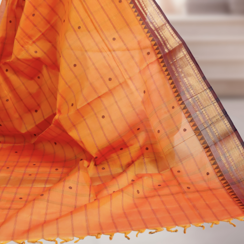 Pure Kanchi Cotton Saree – Orange Body with Brown & Golden Zari Border