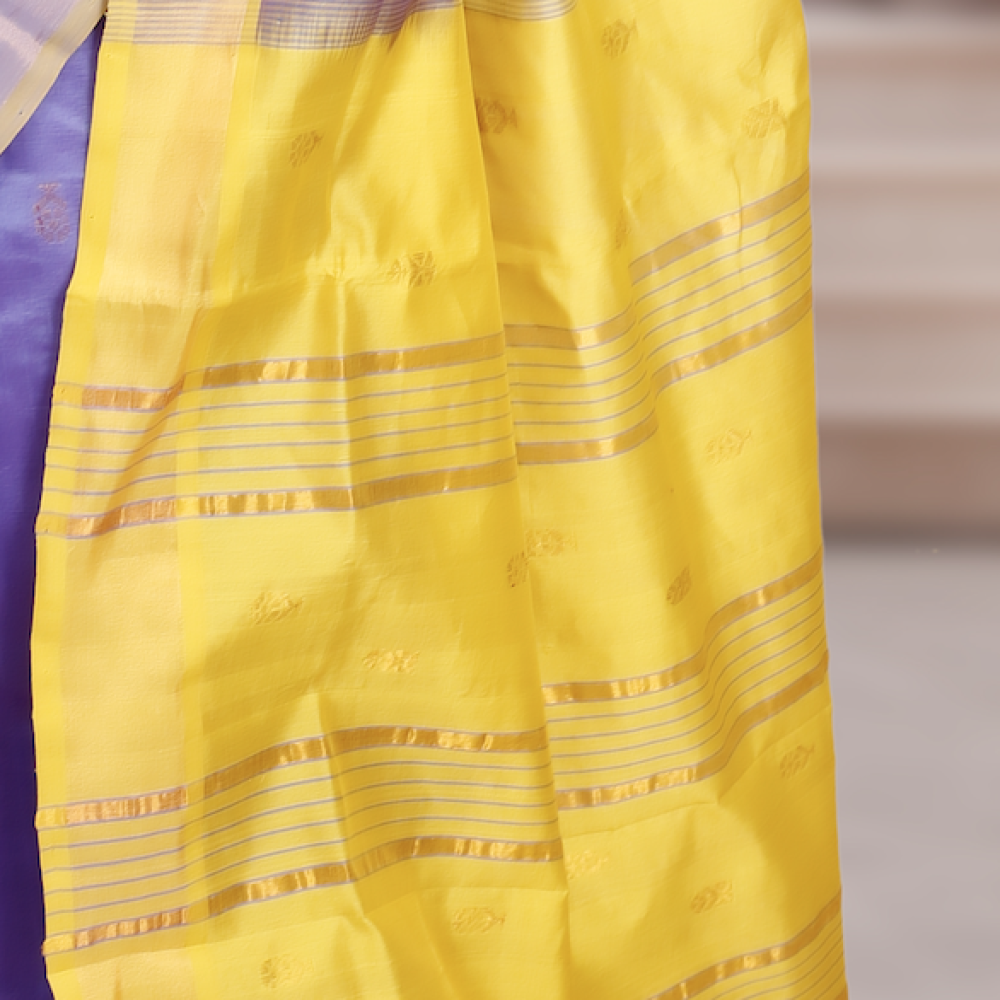 Kanchi Silk Cotton Saree – Lilac with Yellow Pallu & Golden Zari Border