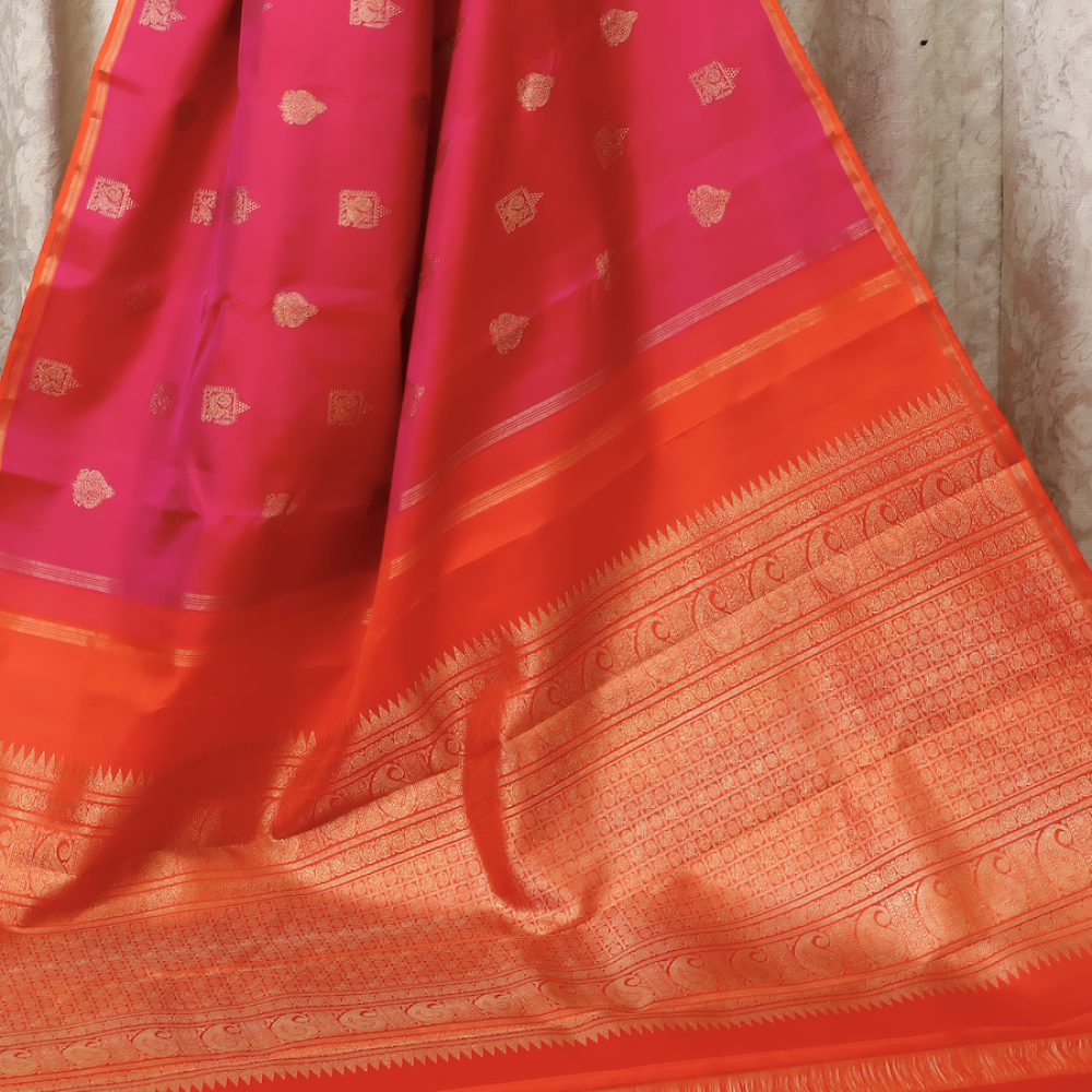 Pure Silk Fushcia Kanchipuram Saree with Real Gold/Silver Zari – Orange Border & Pallu