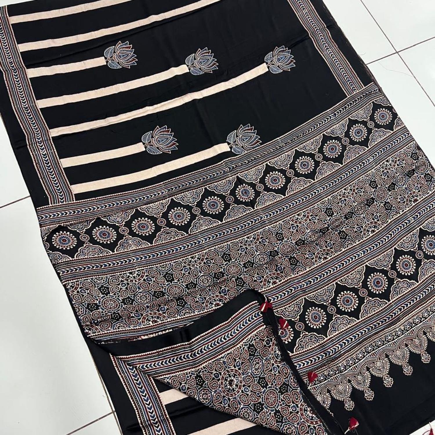 Ajrakh Modal Silk Saree (Black) with Hand Made Tassels