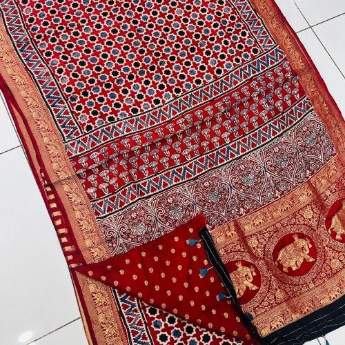 AJRAKH DOLA SILK SAREE (RED) WITH NAKSHI ZARI PALLU
